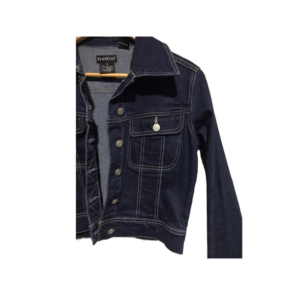 Bebe | Dark Wash jean jacket button up fitted denim jacket semi cropped - Picture 7 of 8